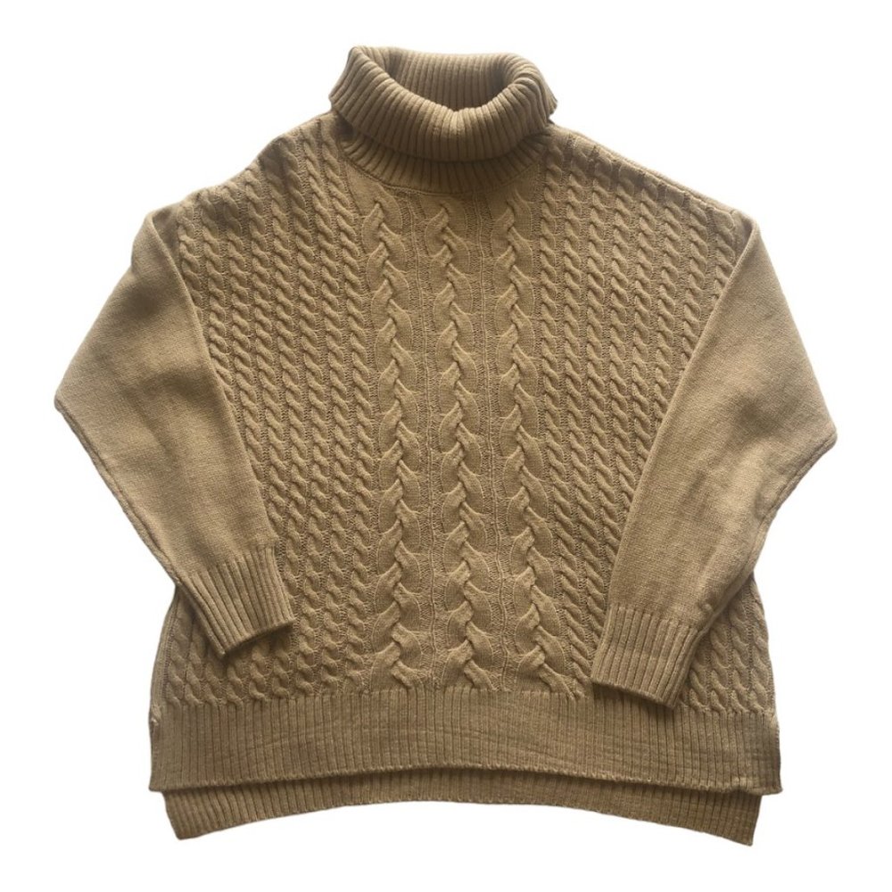 BRIGGS Cable Knit Front Cowl Turtle Neck Sweater Tan Beige Women's XL